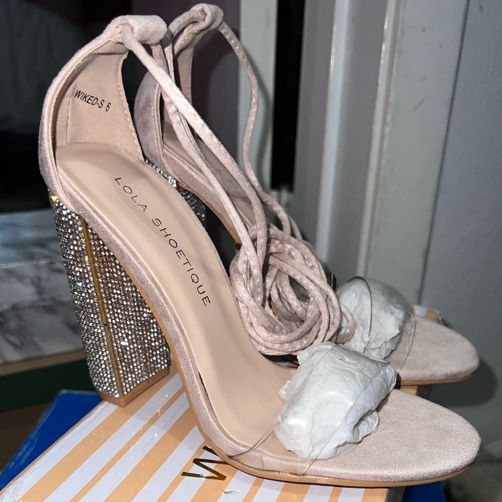Blush/Nude Rhinestone High Heel with Clear Strap - Picture 3 of 11